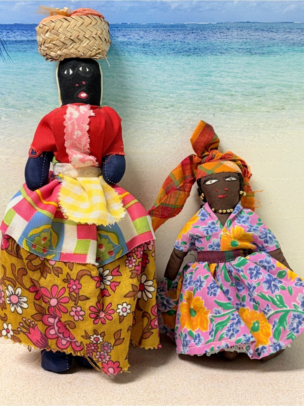 Vintage Caribbean Island Souvenir Dolls Pair Cloth Folk Art Dolls 10” & 7”